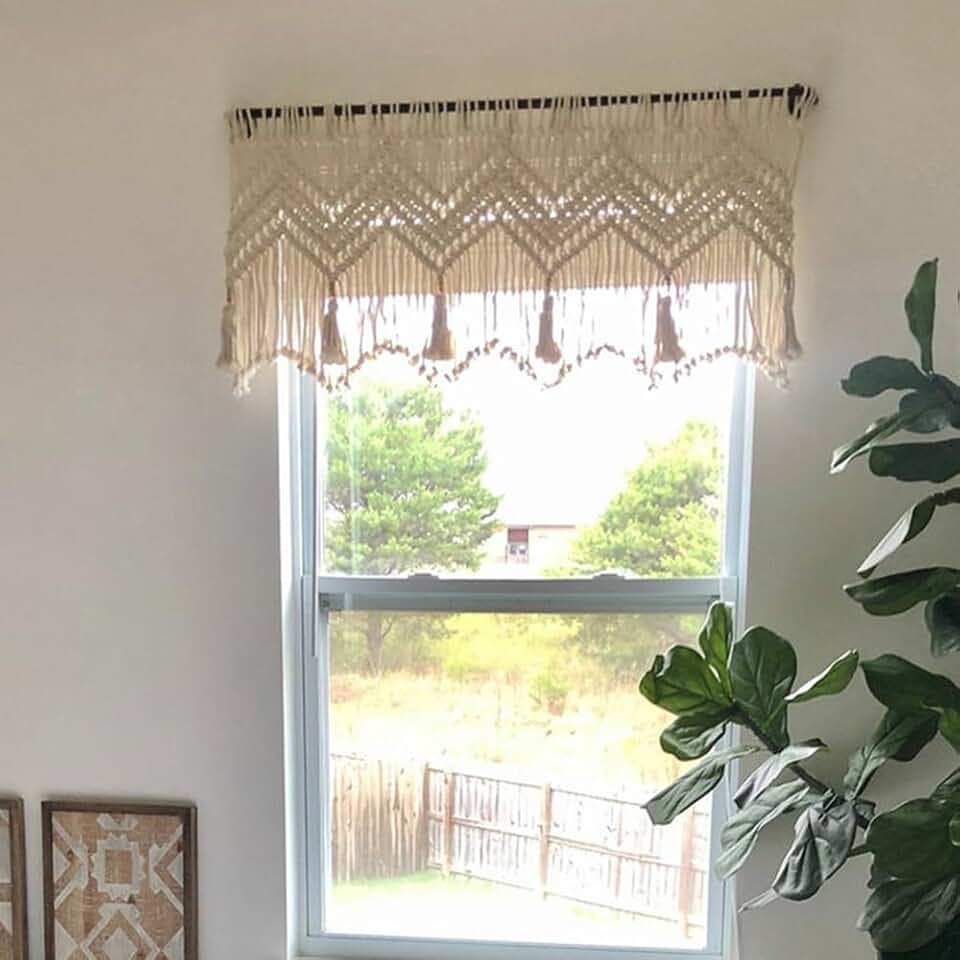 Macrame Valance Curtain for Kichen Windows 39.3x23.62inch Farmhouse Boho Curtains for Bedroom Window Valance Livingroom Kitchen Bathroom Macramé Tassels Wall Decor