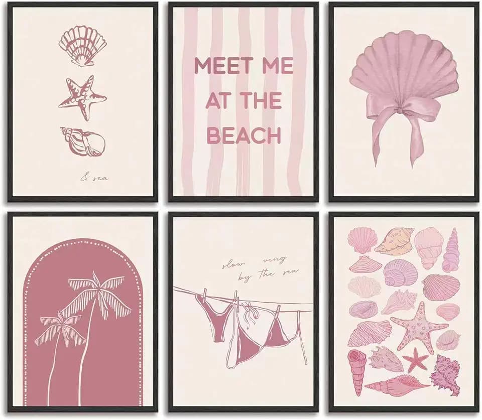 6pcs Pink Coastal Canvas Wall Art Beach Bikini Shell Oyster Starfish Posters Prints Paintings Summer Ocean Palm Tree Wall Decor Pictures for Girls Room Dorm Apartment Home Decorate Unframed