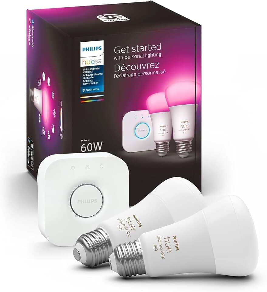 Philips Hue Smart Light Bulbs Starter Kit, 1 Bridge + 2 60W A19 Bulbs