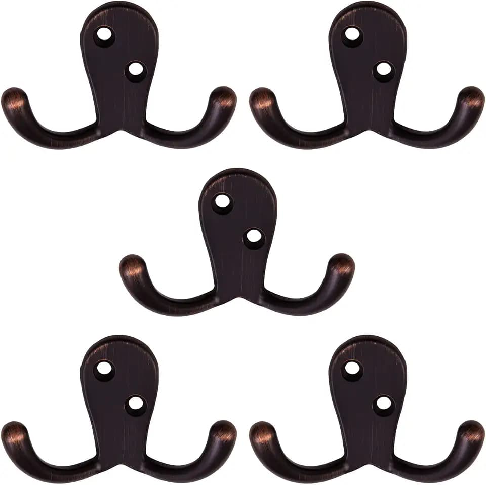 Design House Coat Hooks, Double Prong Hooks, Wall-Mounted, Steel Construction, Bath Robe & Towel Hooks, Oil Rubbed Bronze, 5-Pack, 2.86 in. W x 1.65 in. H x 0.98 in. D, 207738