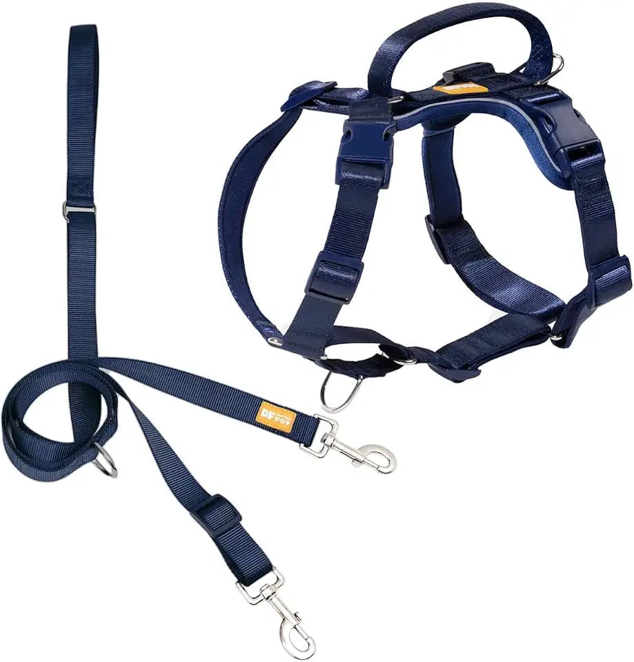 DF Freedom No Pull Martingale Dog Harness and Leash Set, Front Clip Adjustable Harness with Reflective & Padded Handle, Easy Walking & Training, Navy Blue, 1", Chest 28.5"-42.5"