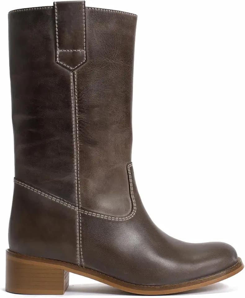Women’s Mid Calf Boots Chunky Block Heel Round Toe Boots