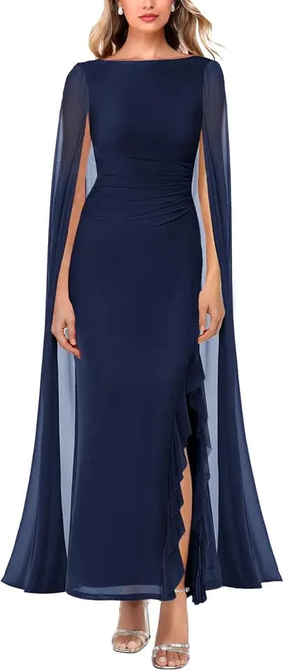 Lrady Women's Formal Evening Gowns High Split Ruffle Wedding Guest Cape Sleeve Cocktail Party Maxi Dresses