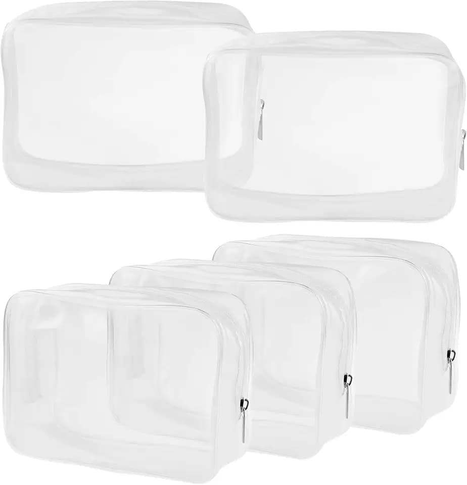Wobe 5 Packs Clear Cosmetics Bag TSA Approved, PVC Zippered Toiletry Carry Pouch Portable Makeup Bag for Vacation Travel, Bathroom and Organizing Waterproof Makeup Vinyl Case (Medium, White)