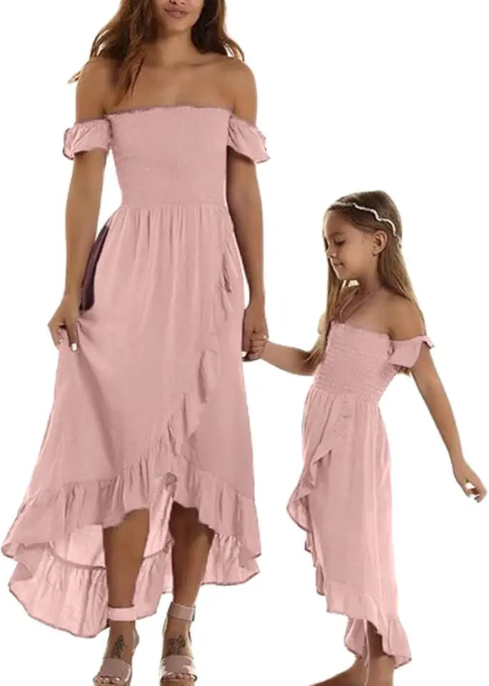 Loalirando Mutter und Tochter Elegante lange Kleider Familie Sommer Schulterfrei Kleid Prinzessin Mädchen/Elegante Damenkleider