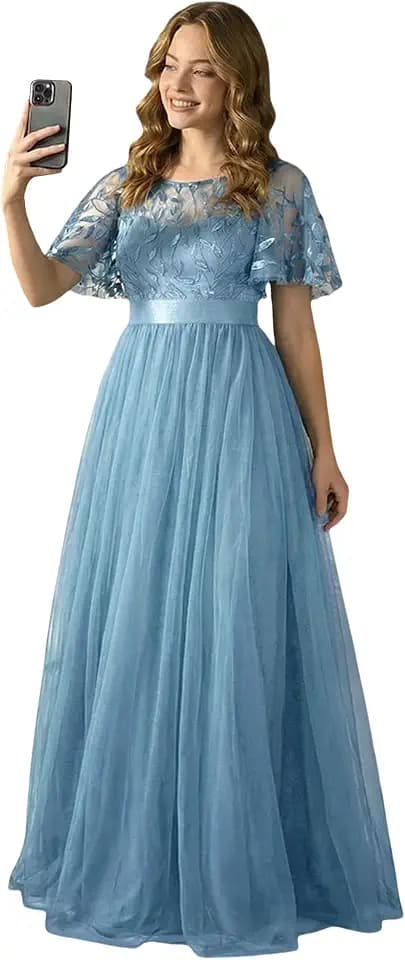 Ever-Pretty Sequin Formal Prom Dresses for Women Ruffle Sleeves Empire Waist A-Line Long Mother of Bride Dress 00904