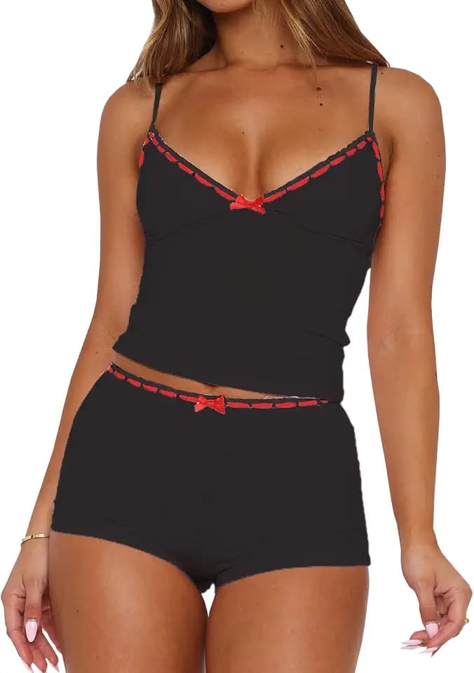 Women Sexy Pajama Sets 2 Piece Fitted V Neck Cami Tank Top and Shorts Set