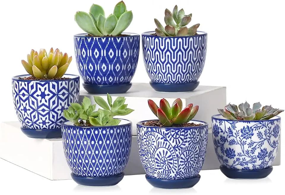 Selamica Ceramic 2.4 Inch Succulent Pots, Mini Succulent Planter Pot for Cactus Plant with Drainage Holes & Saucers, Home Decor, Set of 6, Vintage Blue
