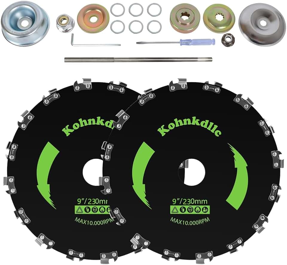 2 Pack 9“ x 20T Carbon Steel Chainsaw Brush Cutter Blade for Weedeater +1 Round Files + 2 Set Adapter Kits for Cutter, Trimmer, Weed Eater