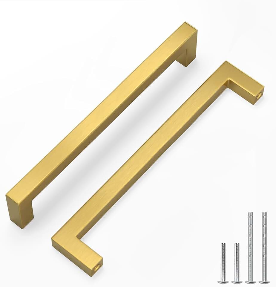 LONTAN Türgriffe für Küchenschränke, 192 mm, quadratisch, gebürstetes Messing, Schrankgriffe, Edelstahl, 5 Stück