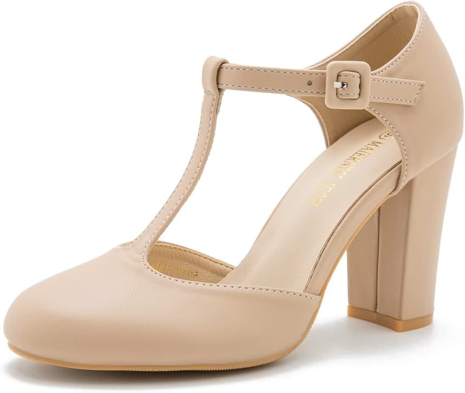 Women's T-Strap Mary Jane Pumps, Chunky Heel, Vintage Style, Cut Out, 3.54 Inch Round Toe Dress Shoes