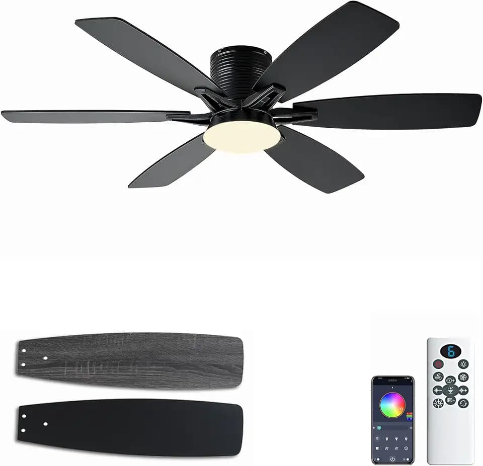 52 inch Ceiling Fan with Lights, Low Profile rgb ceiling fan, Black