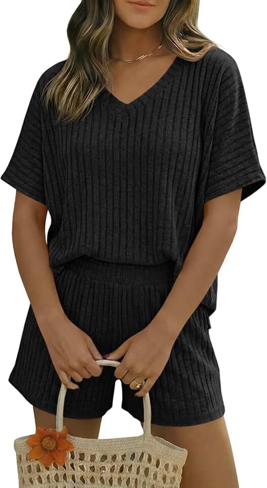 Tankaneo Womens 2 Piece Outfit Comfy Cute V Neck Ribbed Short Lounge Sets