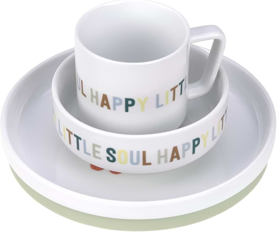 LÄSSIG Geschirrset Porzellan Kindergeschirrset Teller Schüssel Tasse mit Silikonring rutschfest Kindergeschirr/Happy Fruits