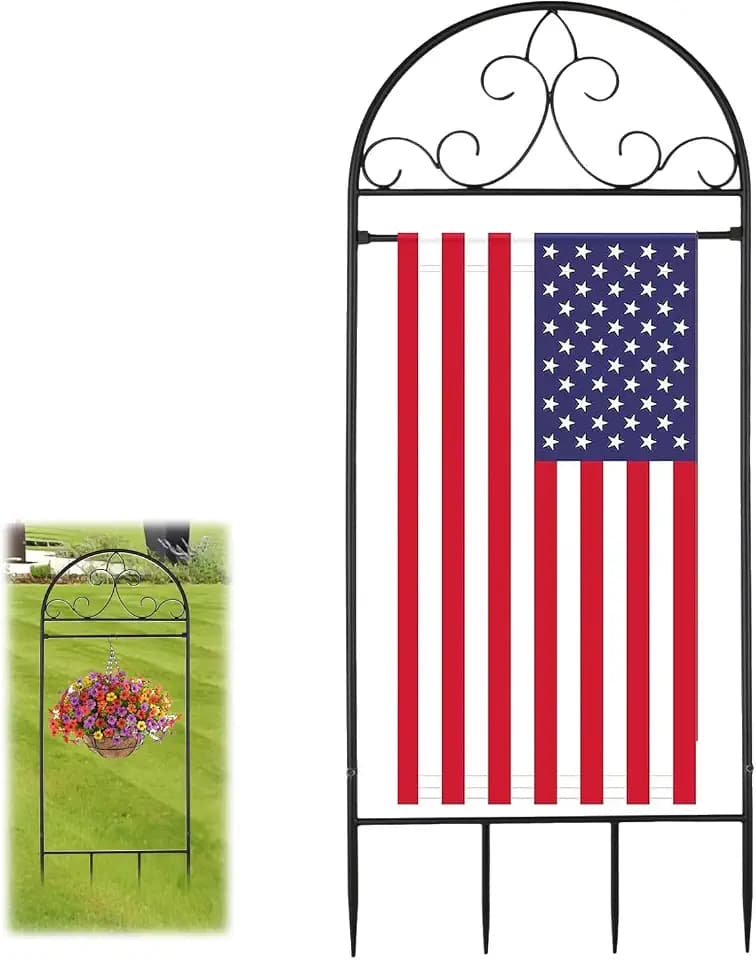 2 IN 1 Design Metal Garden Flag Holder Stand, Reinforced Decorative Design, Fits 14.5 x 26 Inch Flags，Heavy Duty Yard Flags Holder for Outside House, Lawn & Patio Decor (1 Pack Black)