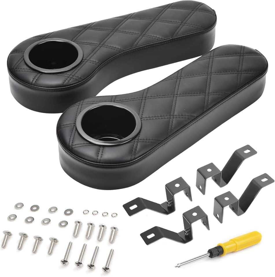 NOKINS Golf Cart Armrest with Cup Holder,No Drilling Armrest,Fits Club Car Yamaha EZGO 1-inch Rear Seat Kit Square Side Armrest