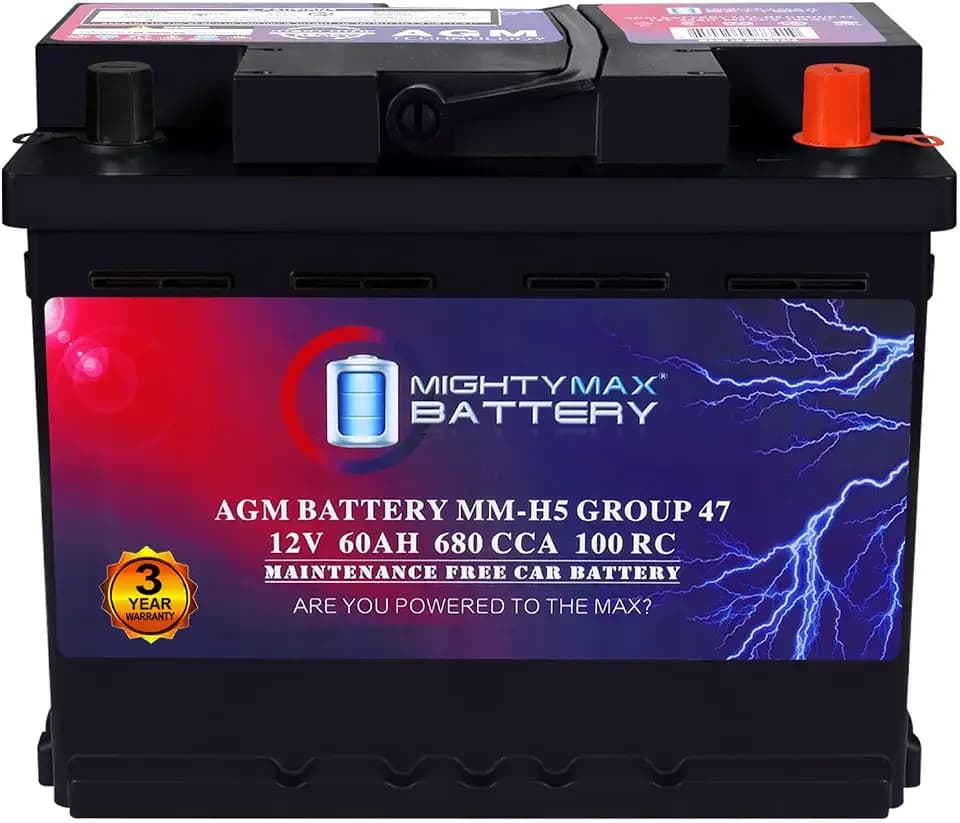 Mighty Max Battery MM-H5 Start and Stop Car BCI Group Size 47 12V 60 AH, 100RC, 680 CCA Rechargeable AGM Car Battery