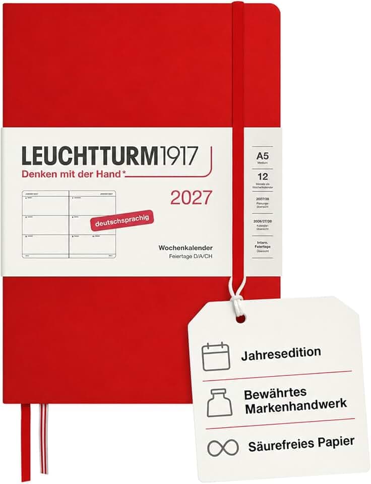 LEUCHTTURM1917 Wochenkalender 2027 Medium (A5) - Deutsch, Cherry, Hardcover, 145 x 210 mm, 12 Monate - Januar-Dezember 2027, 1 Woche pro Doppelseite, 80 g/m² Papier mit hoher Tintenverträglichkeit