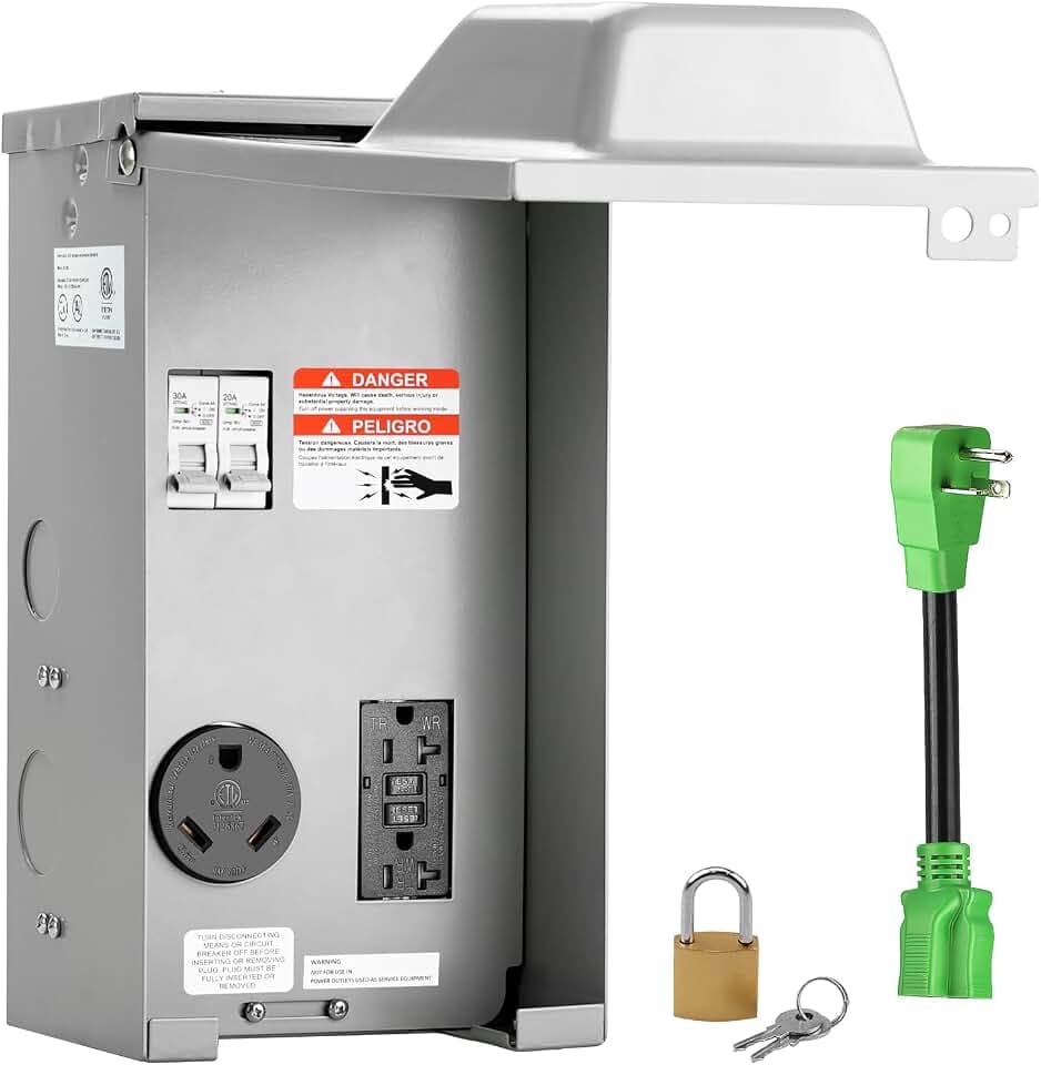 RVGUARD 20 30 Amp RV Temporary Power Outlet Panel with Breaker, Type 3R