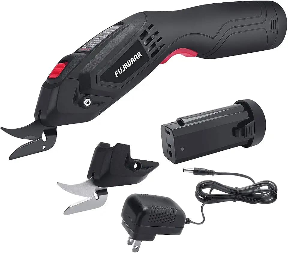 FUJIWARA Electric Scissors, 2 Removable Lithium Batteries and 2 Cutter Blades, Cordless Shears Cutting Tool for Fabrics/Canvas/Carpets/Leather/Cardboard/Other Thin Materials