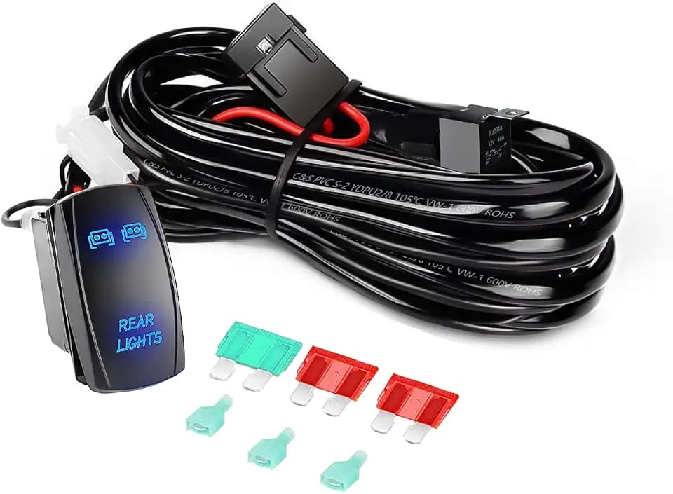 Avenemark LED Light Bar Wiring Harness Kit Rear Lights 12V 5Pin On-Off Rocker Switch Laser Pattern Dual Blue LED SPST Switch Power Relay Blade Fuse-1 Lead