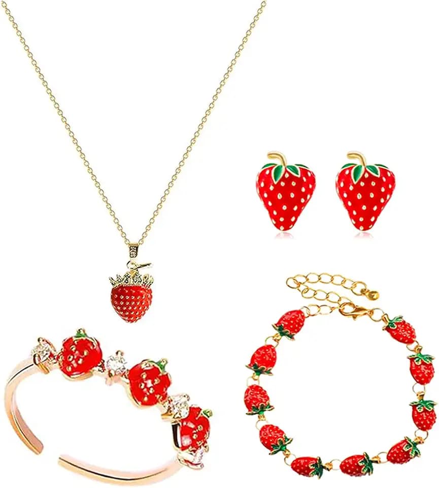 Strawberry Jewelry Set - Earring and Necklace Sets, Cute Big Red Earrings, Funny Necklace, Accessories, Costume Jewelry for Women