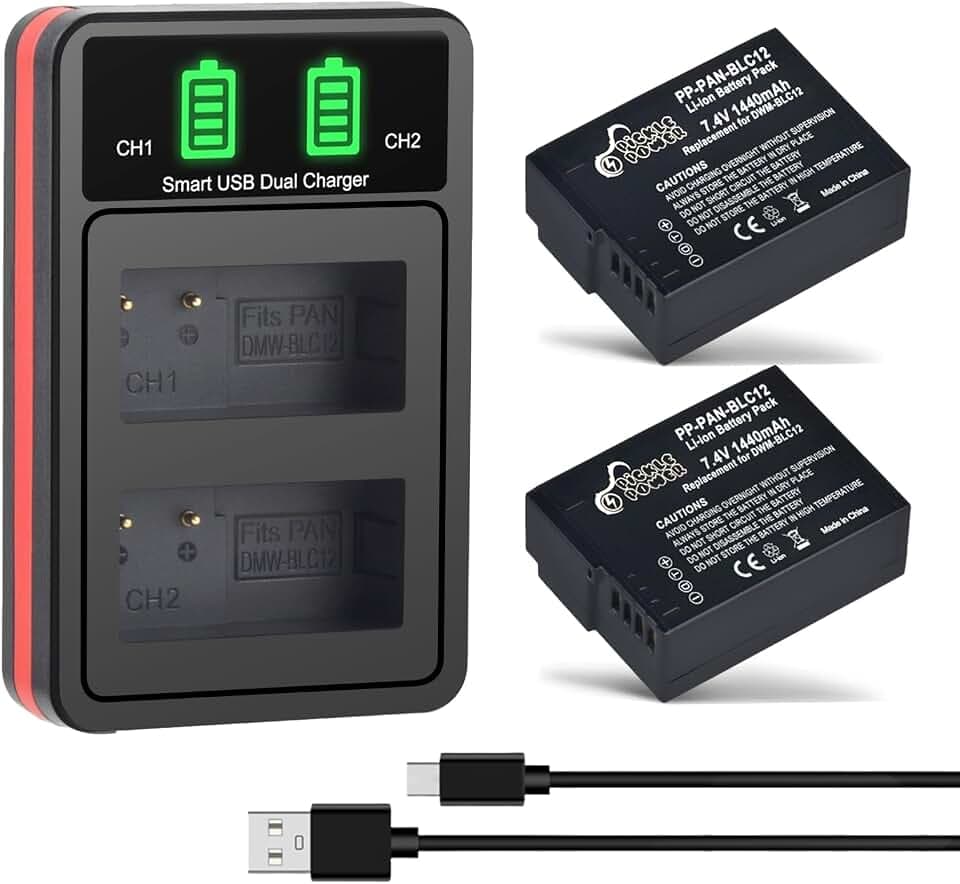 Pickle Power DMW-BLC12 DMW-BLC12PP Battery and LED Dual Slot Charger for Panasonic Lumix G7, G85, G95, FZ1000, FZ1000 II, GH2, G5, G6, GX8, FZ200, FZ300, FZ2500 Camera