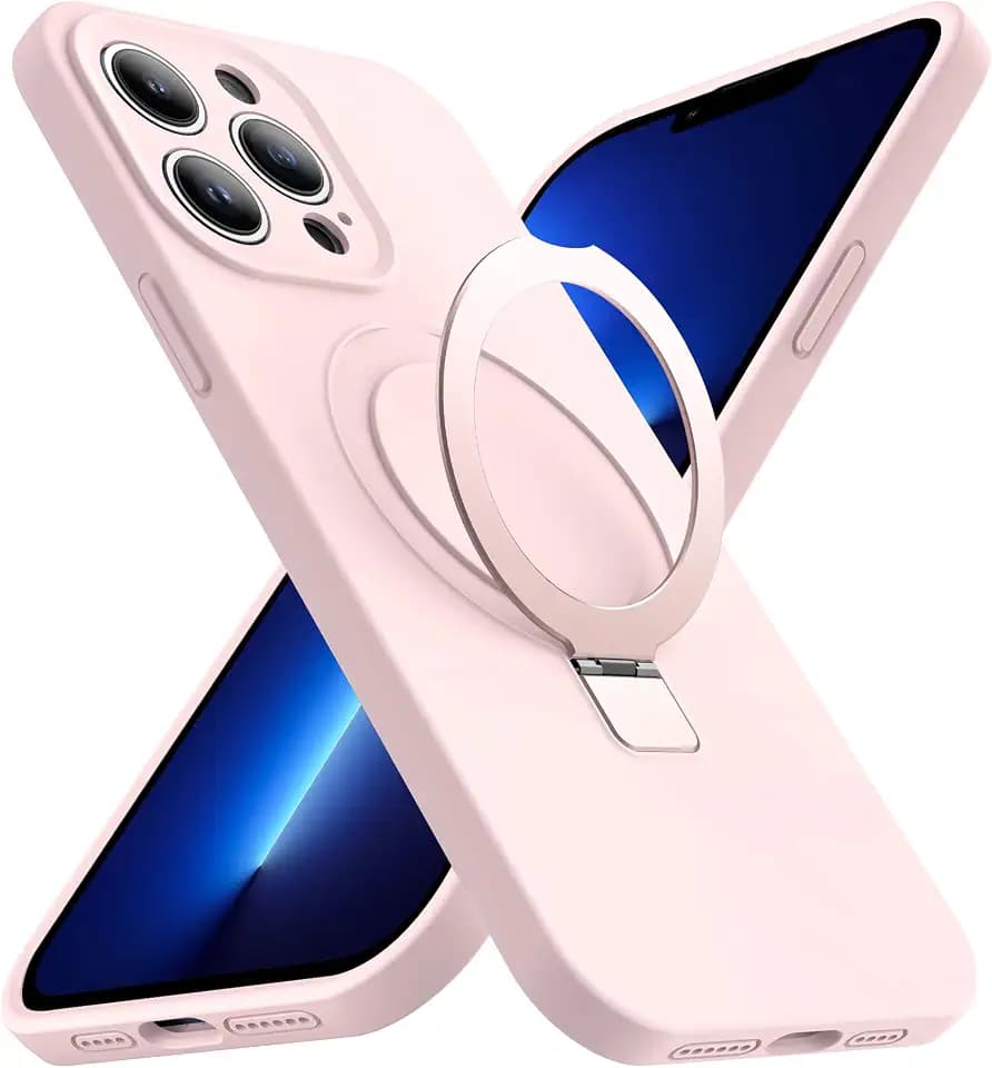 Case for iPhone 13 Pro 6.1'' with 120° Ajustable Strong Magnetic Ring Stand [Compatible with Mag-Safe Charging] [Full Camera Protection] Military Drop Silicone Protective Case, Pink