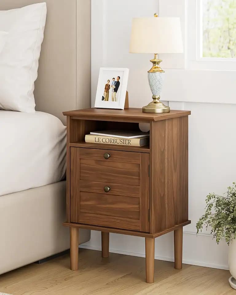 HEYZOEY Nachttisch in Walnussoptik, Landhausstil, offenes Fach, 39×29×60 cm