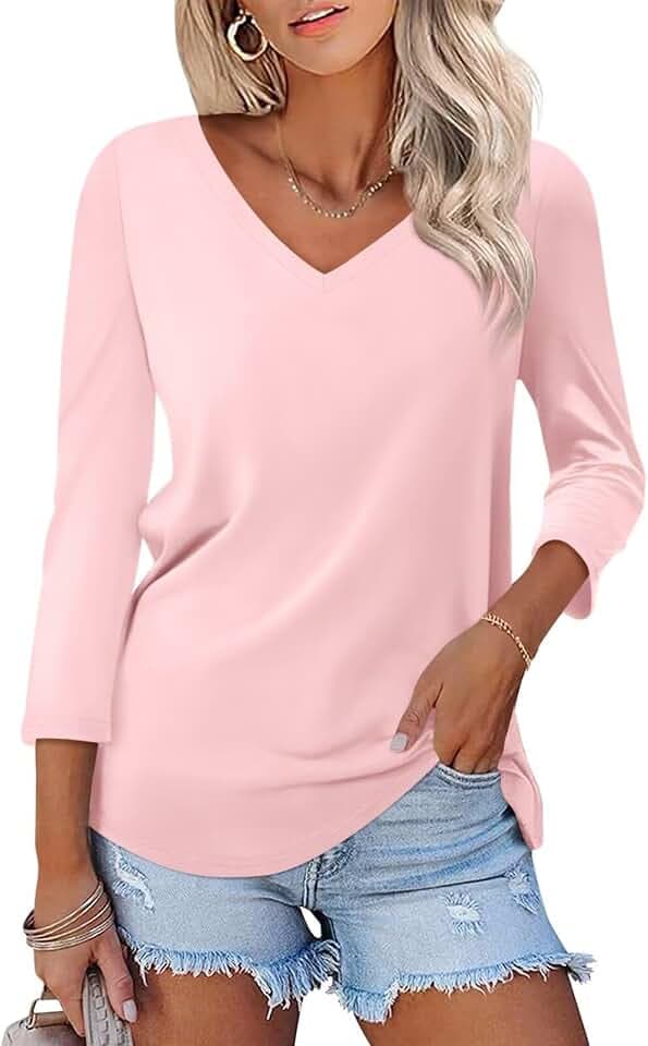 ORANDESIGNE Women's 3/4 Sleeve V Neck T Shirts Casual Shirts Summer Tees