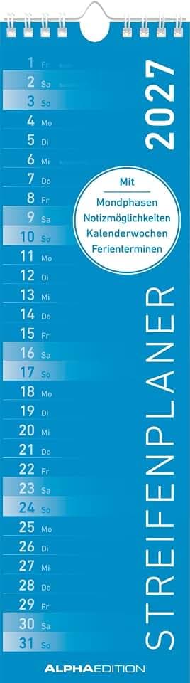Streifenplaner Mini BLAU 2027: schmaler Wandkalender 9,5x33 cm mit farblich markierten Wochenenden, Feiertagen & Mondphasen, ideal für Haushalt, Familie & Büro