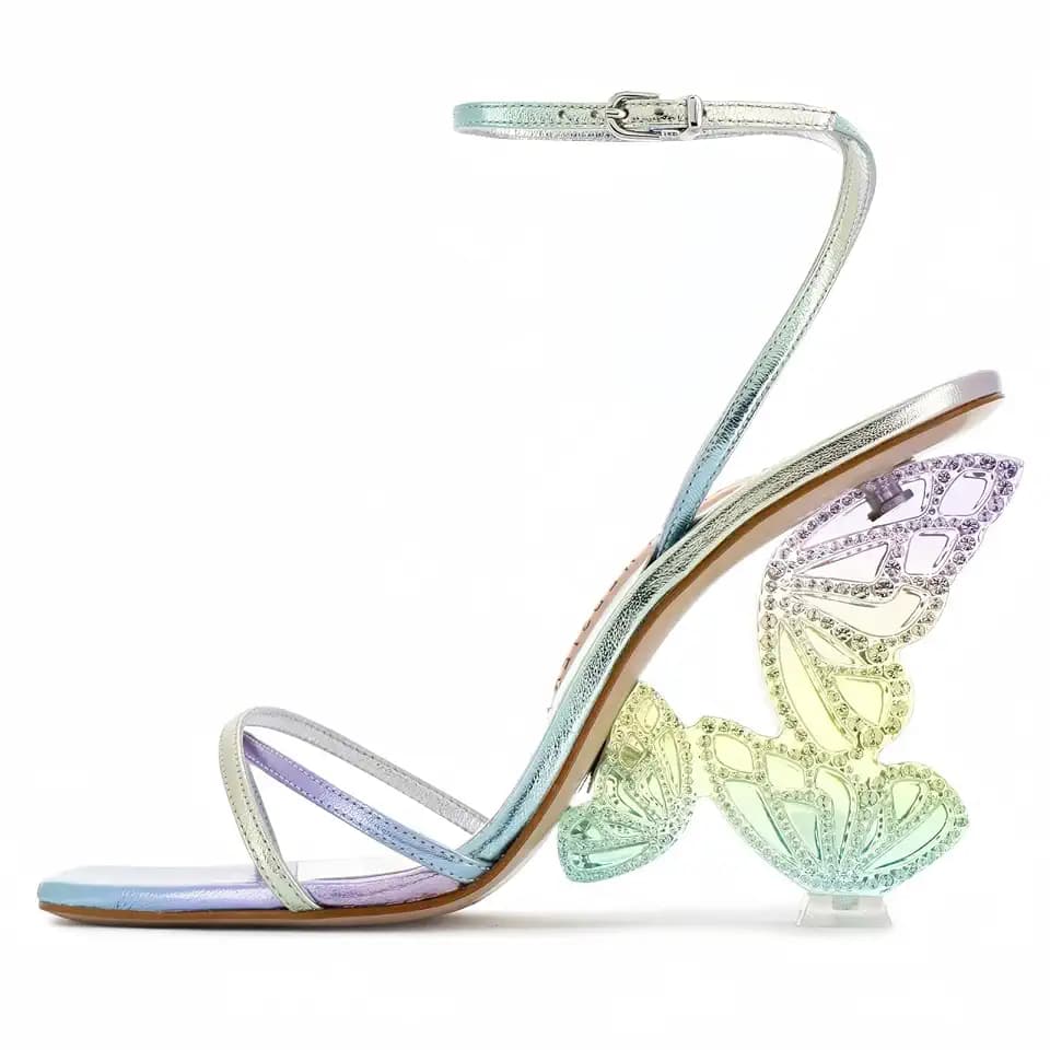 Rhinestone Butterfly Stilletos Heels Sandals for Women, Open Pointed High Heels Sandals Ankle Strap Buckles Elegant Wedding Dress Shoes