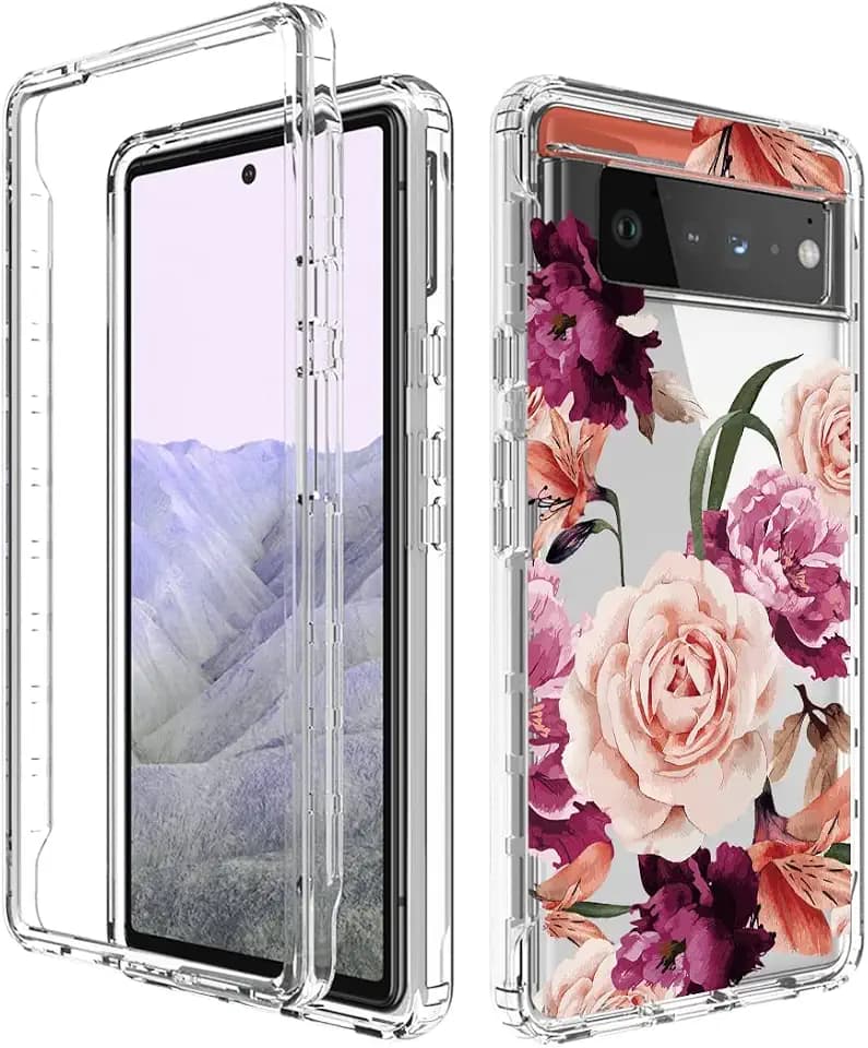 Case for Pixel 6 Pro Case,Pixel 6 XL G8VOU Case, Full Body Cute Floral Bumper Shockproof Protective Phone Case Cover for Google Pixel 6 Pro 5G (Purple Flower)