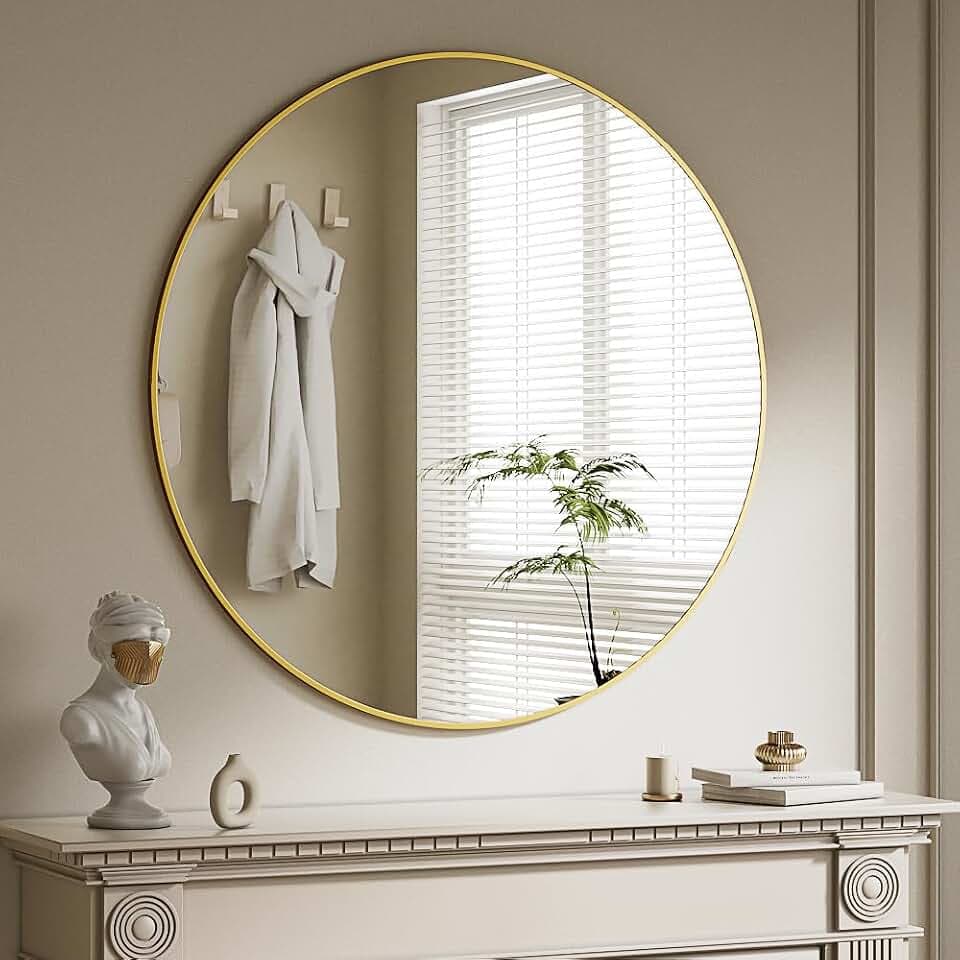 BEAUTYPEAK 90 cm Runder Spiegel, Wandspiegel mit Gold Aluminiumrahmen