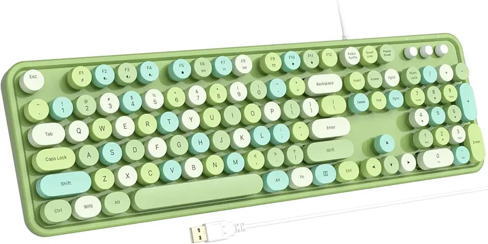 Atelus Computer Keyboard Wired, Typewriter Style, Plug Play USB Keyboard with Large Number Pad, Caps Indicators, Foldable Stands, Full Size Wired Keyboard for Windows PC Laptop (Green Colorful)