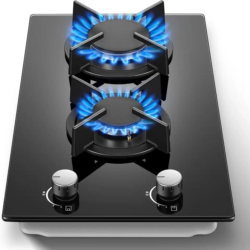 12 Inch Gas Cooktop, 2 Burner Gas Stove, Black Tempered Glass