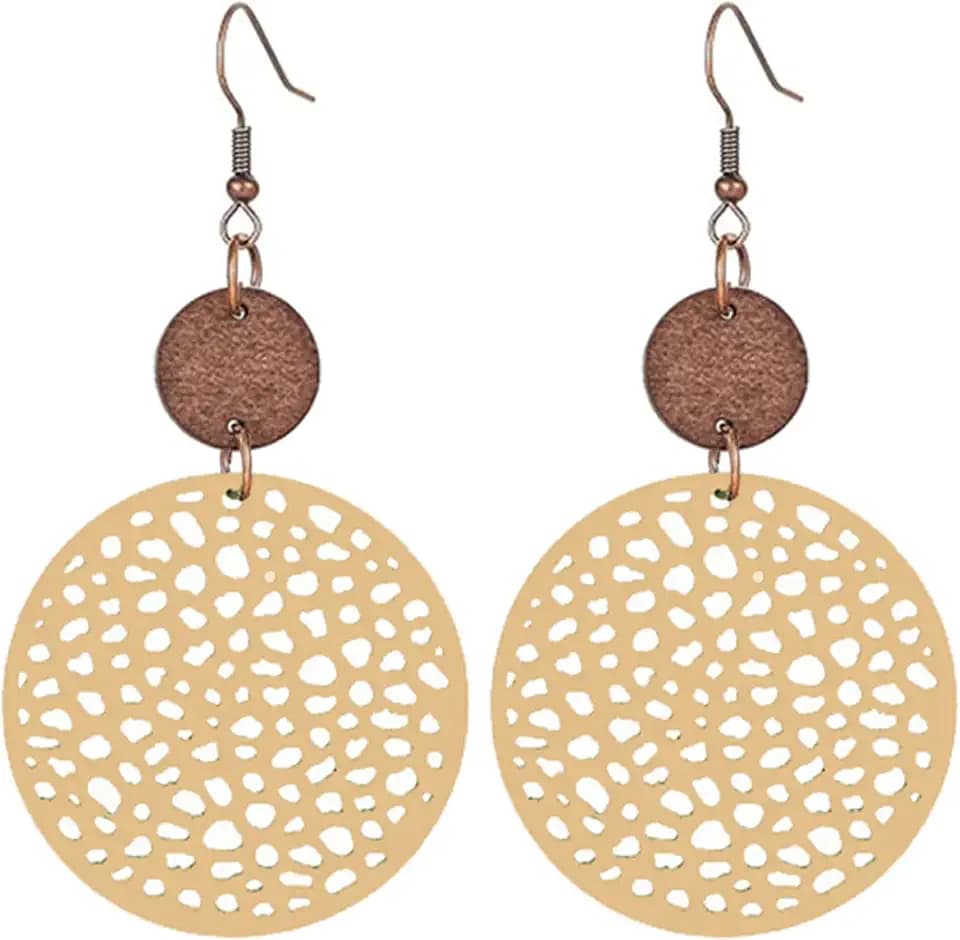 coadipress Vintage Geometric Round Earrings Wooden Earrings Handmade Natural Wooden Hollow Out Circle Earrings Bohemian Lightweight Statement Western Earrings for Women