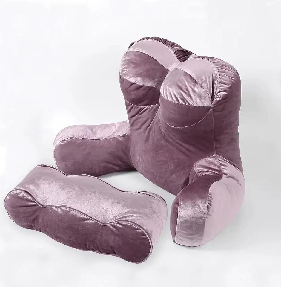 Lesekissen für Erwachsene, Rückenlehne mit Armstützen zum Sitzen im Bett oder auf dem Sofa, zerhackter Memory Foam, Rückenkissen mit Beinkissen und Taschen zum Lesen/Spielen/Entspannen, Rosa