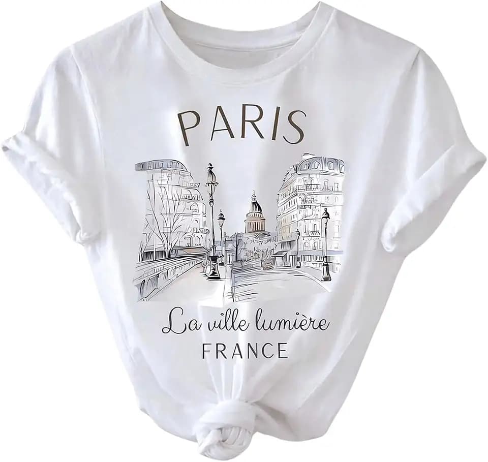 SweatyRocks Women's Paris Letter Graphic Tees Short Sleeve Casual T Shirt
