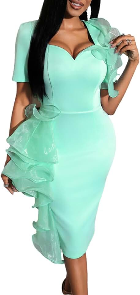 AOMEI Women’s Mint Green Midi Dress Sweetheart Neck Short Sleeve Organza Tiered Ruffles Cocktail Birthday Party Dresses