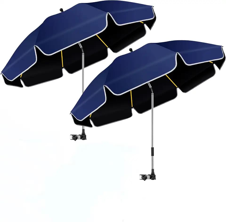 2er-Pack 124cm Strandstuhl Sonnenschirm mit Klemme, UPF50+ UV-Schutz, 360° drehbarer Clip-On Sonnenschutz, tragbarer Schirm für Strandstuhl, Camping, Golf, Kinderwagen,Rollstuhl