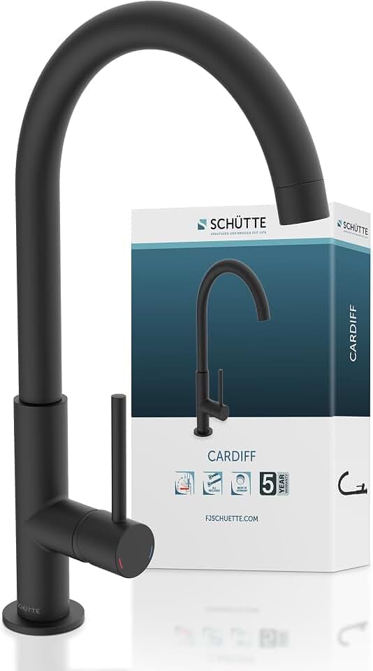SCHÜTTE 79966 Küchenarmatur Cardiff, 360 Grad schwenkbarer Wasserhahn Küche, Mischbatterie für die Spüle mit Einhebelmischer, Spültischarmatur Küchenspüle, Schwarz matt