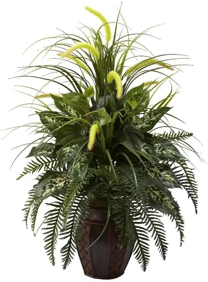 Nearly Natural 6727 3ft. Mixed Greens & Cattails with Planter, 26 x 26 x 36 inches, Green