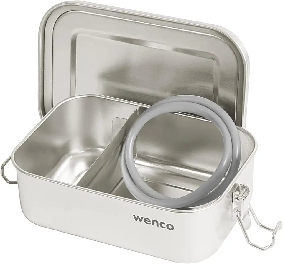 wenco Lunchbox aus Edelstahl, Mit 2 Fächern, Brotdose klein mit 650 ml Fassungsvermögen, Wasserdicht, Spülmaschinengeeignet, inkl. Ersatz-Silikonring, 15 x 11,3 x 5 cm, Silber