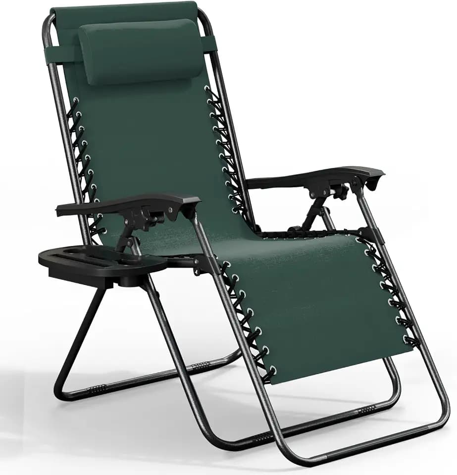Nestl Zero Gravity Chairs 1 Pk, Portable Patio Lounge Outdoor with Pillows & Cup Holder Trays, Adjustable Steel Lawn Chair for Deck, Beach - Forest Green