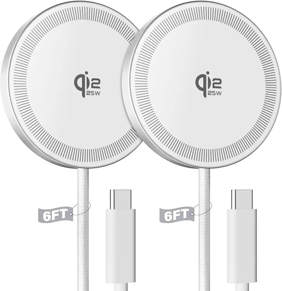 2Pack Magnetic Wireless Charger 25W Fast Charger for iPhone 17/16/15/14/13/12 Series & AirPods, Portable Wireless Charging Pad for Travel Home Office Desk, 6.6FT-White