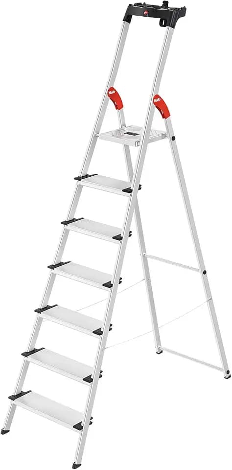 Hailo L80 ComfortLine Alu-Sicherheits-Stehleiter - 7 XXL-Stufen belastbar bis 150 kg - Tiefe Standfläche - Stehleiter mit Ablage - klappbare Aluleiter Made in Germany - Leiter rostfrei - Silber