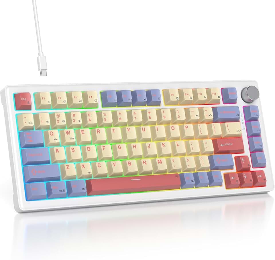 75% Mechanical Keyboard Gasket with Knob, Custom Wired Creamy Gaming Keyboard TKL 75 Percent Hot Swappable RGB Backlit, Pre-lubed Switch for Win/MAC PC Laptop（Cotton Candy/White Switch）