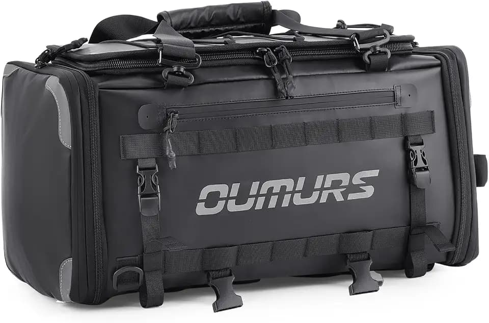 Oumurs 45-60L Expandable Waterproof Motorcycle Tail Bag with Rain Cover & Strap, Reflective All-Weather Trunk Rack Bags, Dual-Use Backpack for Large Capacity Storage, Motorcycle Luggage Rack Bags