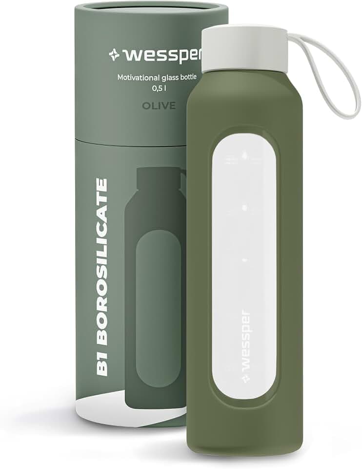 Wessper Trinkflasche aus Glas mit Silikonhülle, Borosilikatglas Flasche mit Zeitmarkierung 500ml, Sportflasche Ideal für Fitness, Schule Sport, Kinder- Olive
